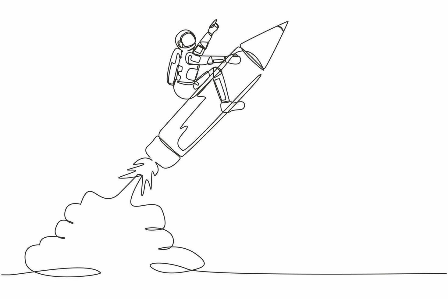 soltero continuo línea dibujo joven astronauta montando lápiz cohete volador en Luna superficie. educación a darse cuenta astronave tecnología. cosmonauta profundo espacio. uno línea gráfico diseño vector ilustración