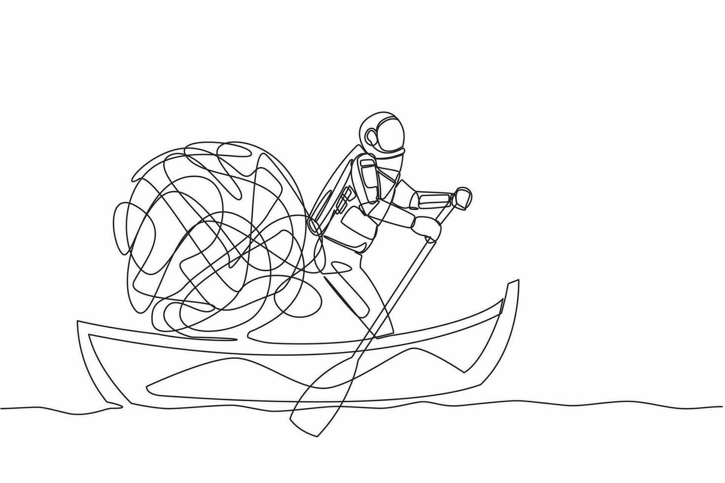 Single one line drawing of astronaut sailing away on boat with messy line. Confusion and anxiety when problems occur on space missions. Cosmic galaxy space. Continuous line design vector illustration