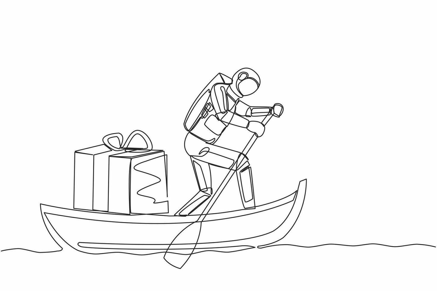 Single continuous line drawing astronaut sailing away on boat with gift box. Prizes for cosmonauts who have successfully explored outer space. Cosmonaut deep space. One line design vector illustration
