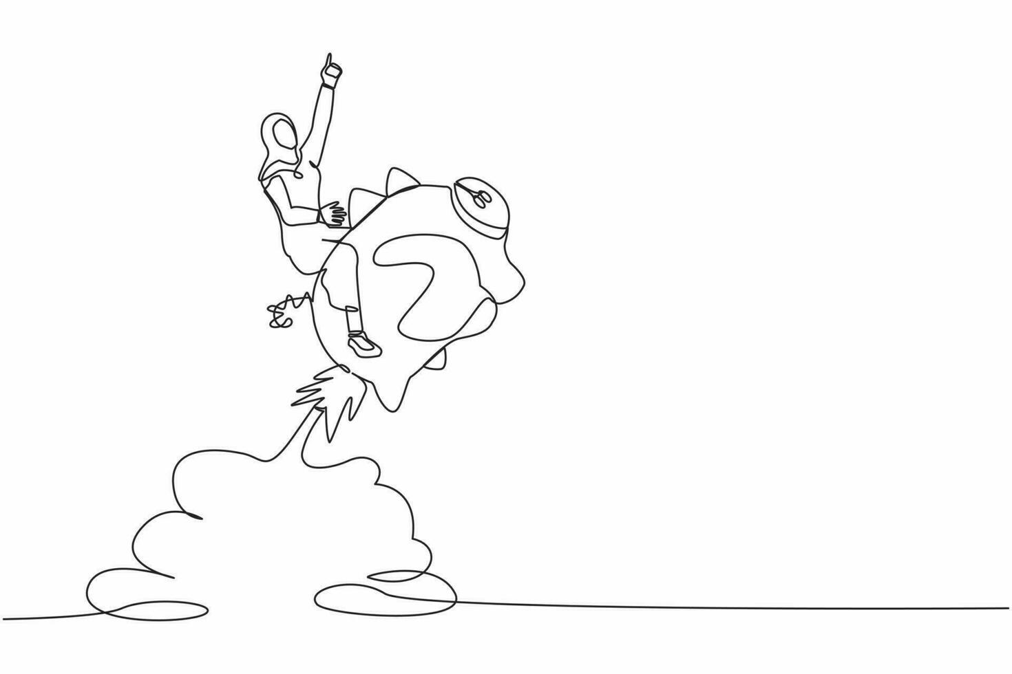 Continuous one line drawing Arab businesswoman riding piggy bank rocket flying in the sky. Financial, business opportunity to success with competitors or winner. Single line design vector illustration