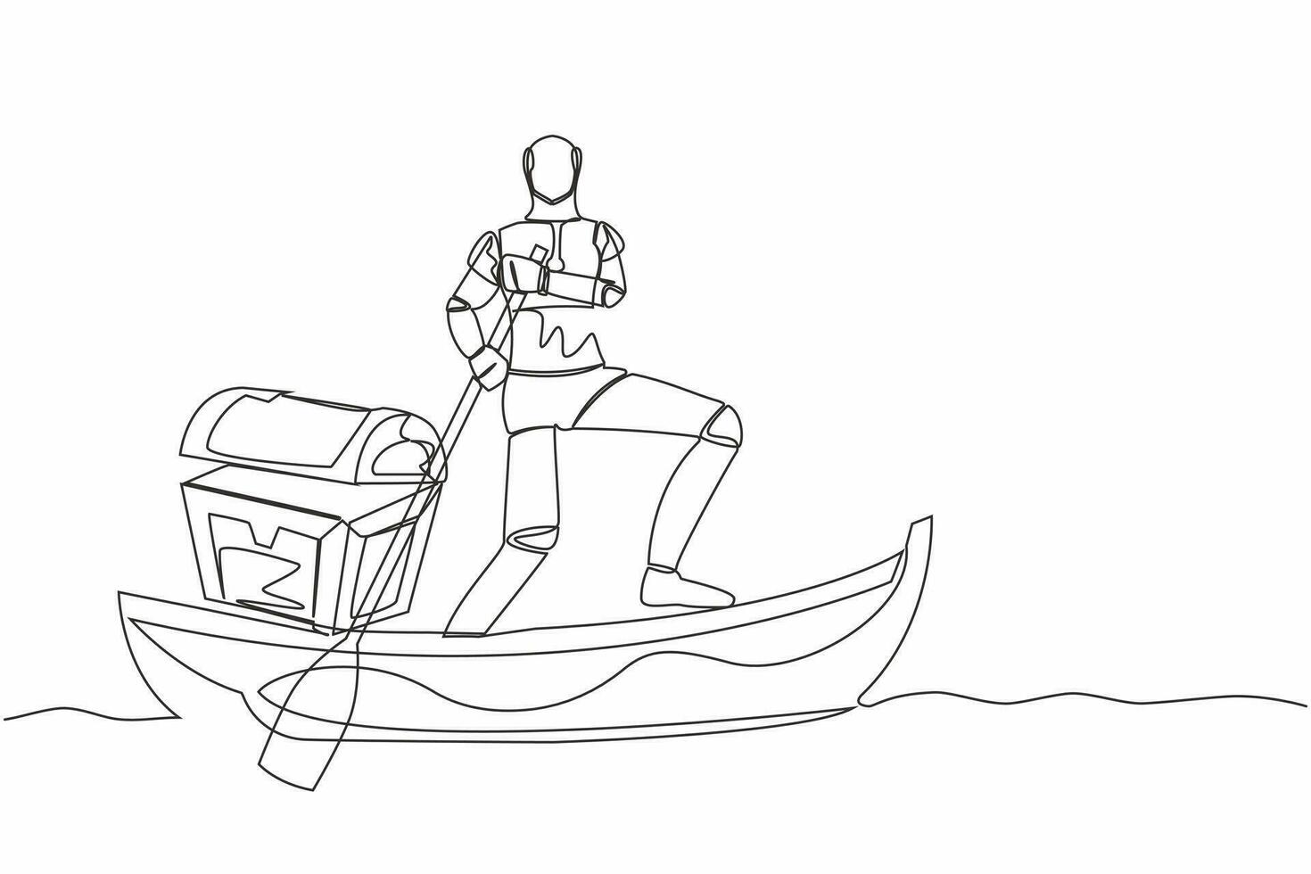 soltero continuo línea dibujo robot navegación lejos en barco con tesoro pecho. dinero blanqueo en tecnología compañía. futuro tecnología. artificial inteligencia. uno línea gráfico diseño vector ilustración