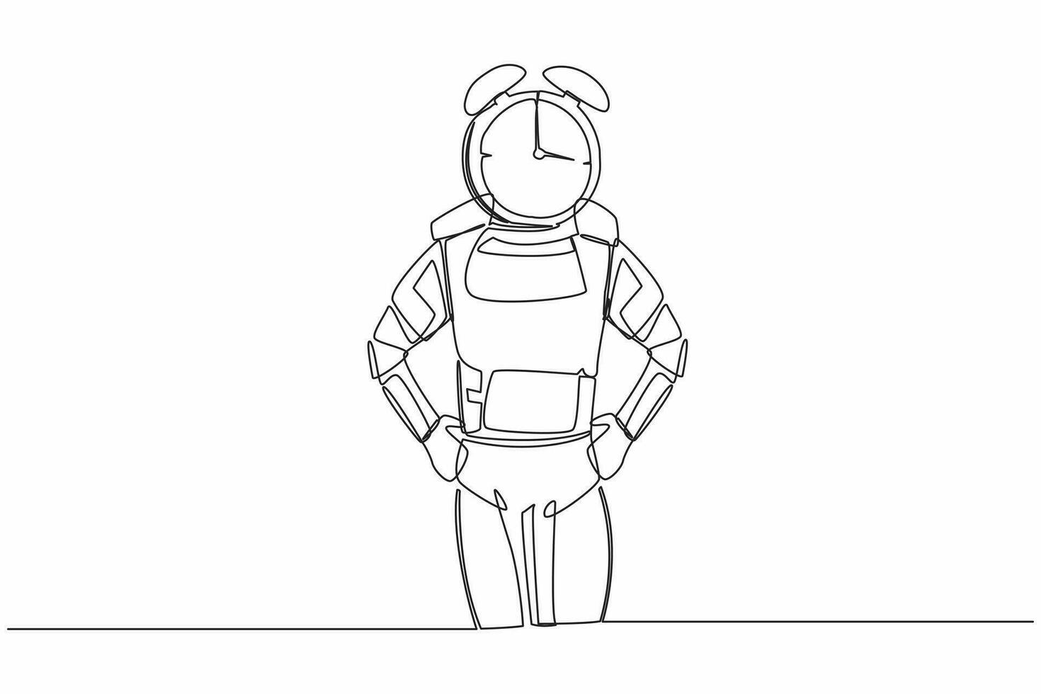 Continuous one line drawing of young astronaut with alarm clock instead of head. Spaceman stress in spaceship exploration project. Cosmonaut outer space. Single line graphic design vector illustration