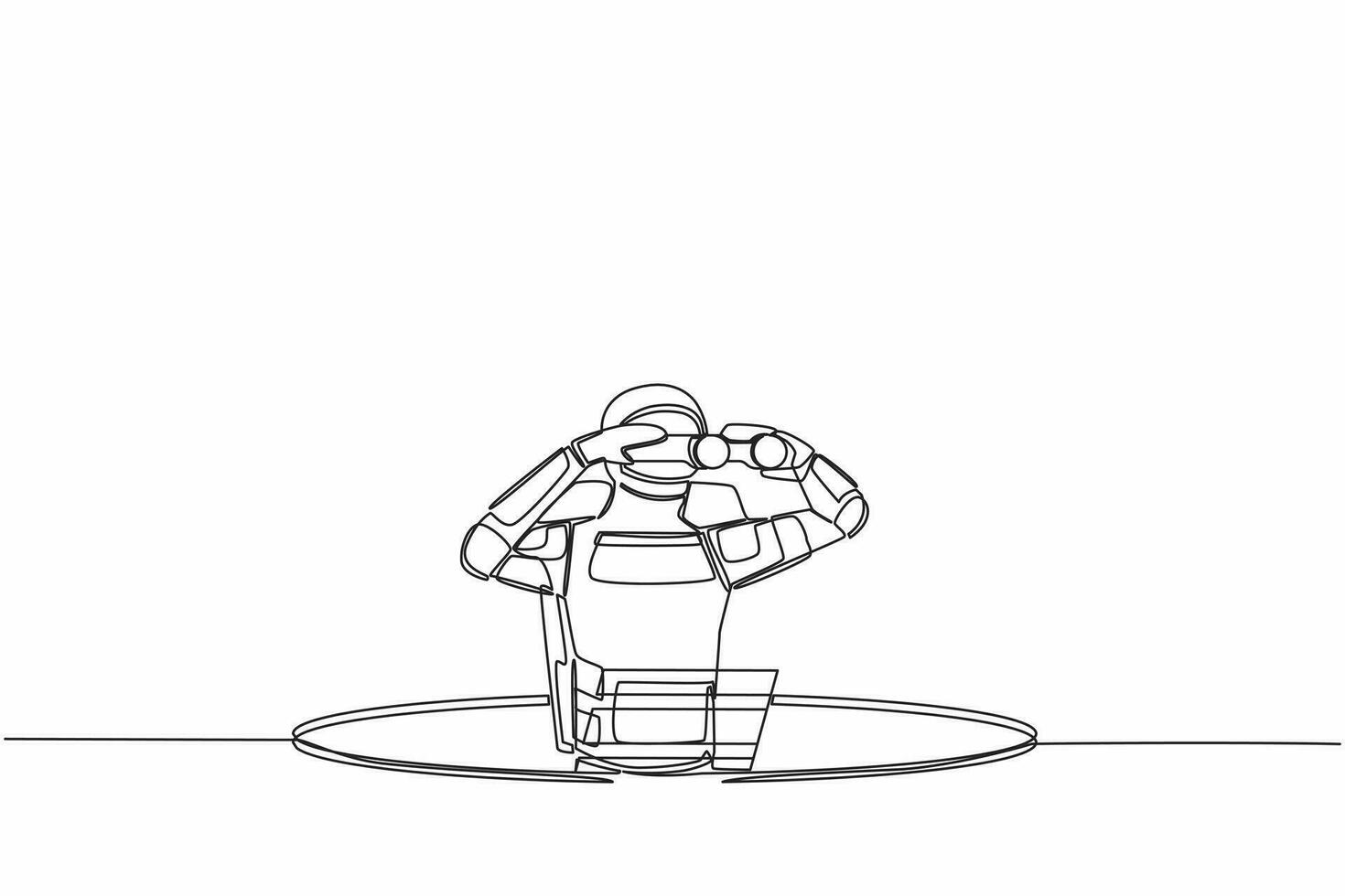 Continuous one line drawing astronaut climb out of the hole by ladder and using binocular. Spaceship business vision and solution. Cosmonaut outer space. Single line graphic design vector illustration
