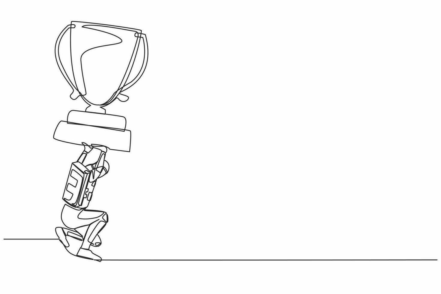Single one line drawing young astronaut carrying heavy trophy on his back in moon surface. Spaceman fail to achieve exploration goals. Cosmic galaxy space. Continuous line design vector illustration