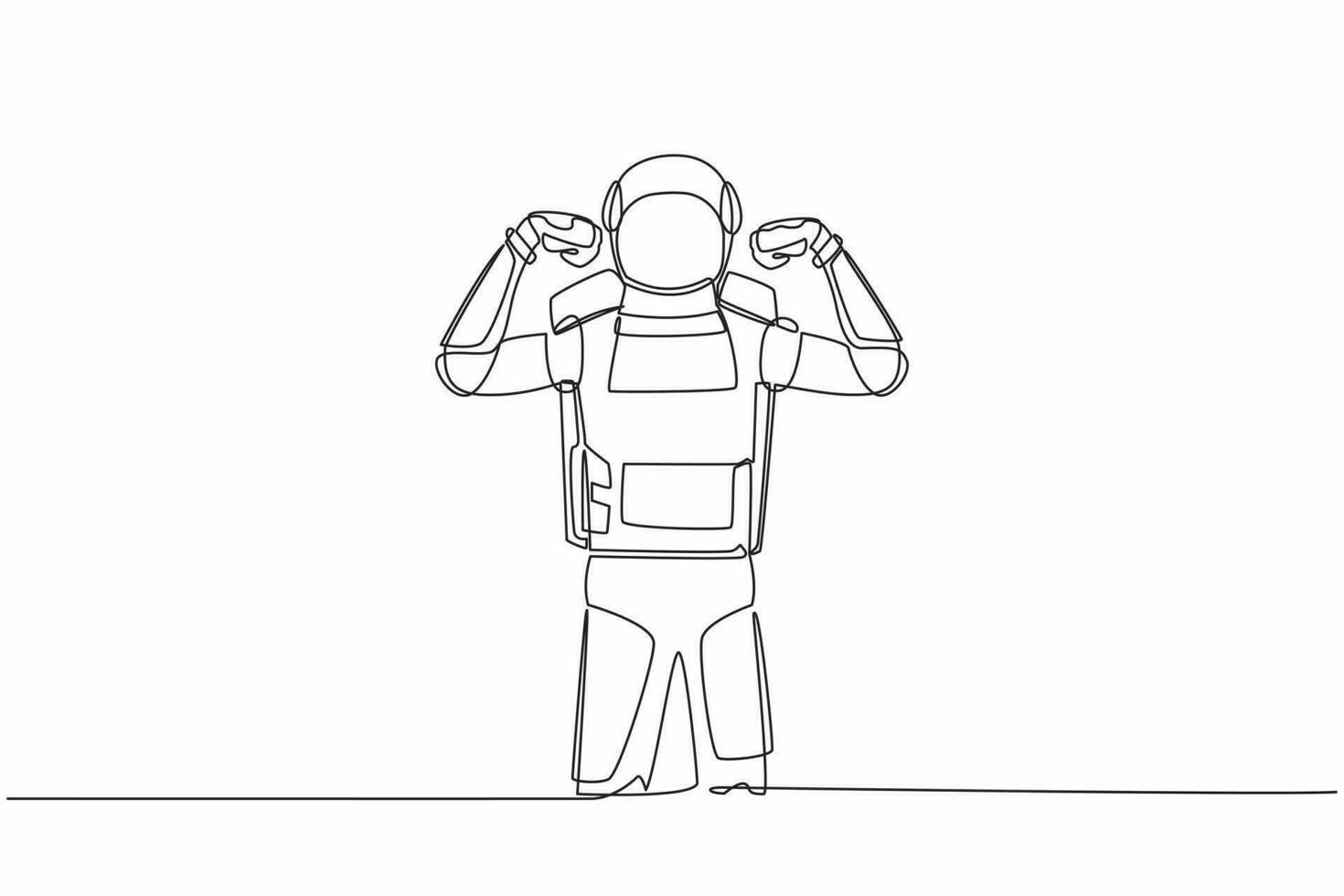 Single continuous line drawing astronaut standing with gestures two hand fist up. Strong spaceman exploration galaxy with spaceship. Cosmonaut deep space. One line graphic design vector illustration