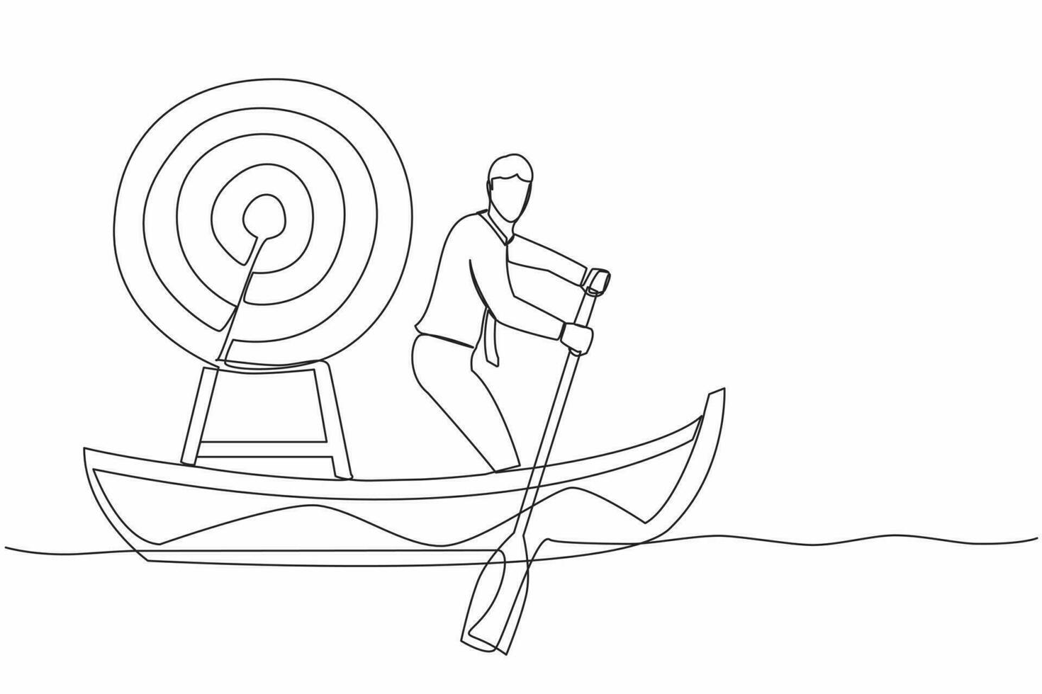 Single one line drawing businessman standing in boat and sailing with dartboard target.  Hard work achieve business mission and win competition. Continuous line draw design graphic vector illustration