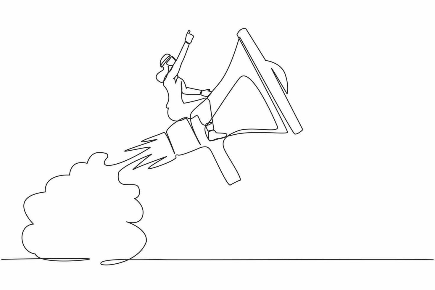 Single one line drawing Arabian businessman riding megaphone rocket flying in sky. Fast communication, business soft skill to communicate with customer. Continuous line draw design vector illustration