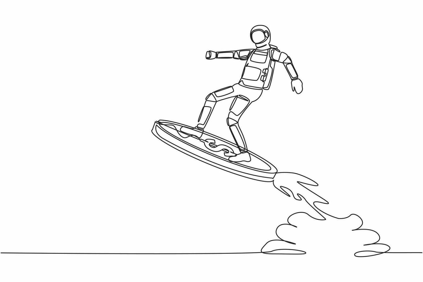 Continuous one line drawing young astronaut riding dollar coin rocket flying in moon surface. Space exploration business advantages. Cosmonaut outer space. Single line draw design vector illustration