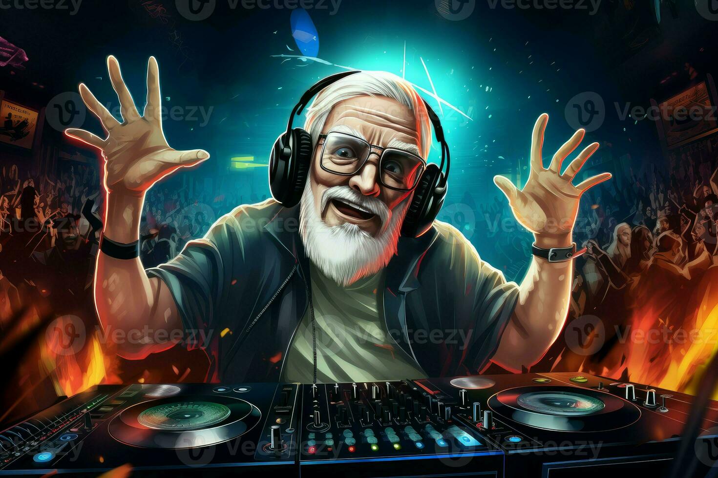 Vibrant Dj old man party dancing people club. Generate Ai photo