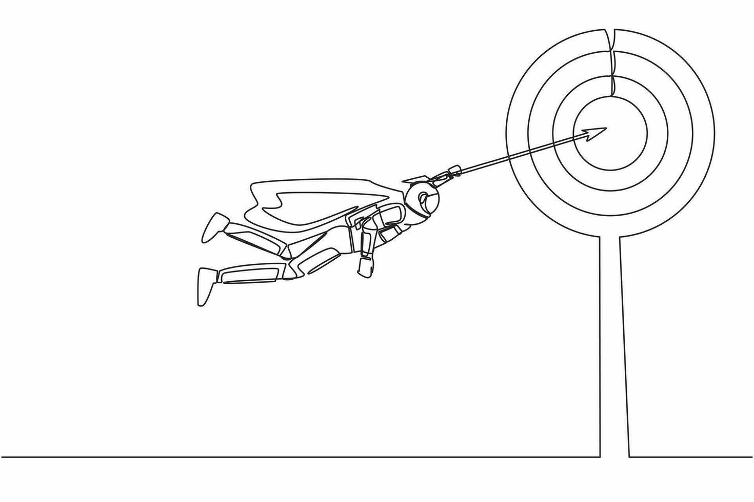 Single one line drawing super astronaut flying with arrow forward to achieve space expedition success. Power leadership ambition. Cosmic galaxy space. Continuous line draw design vector illustration