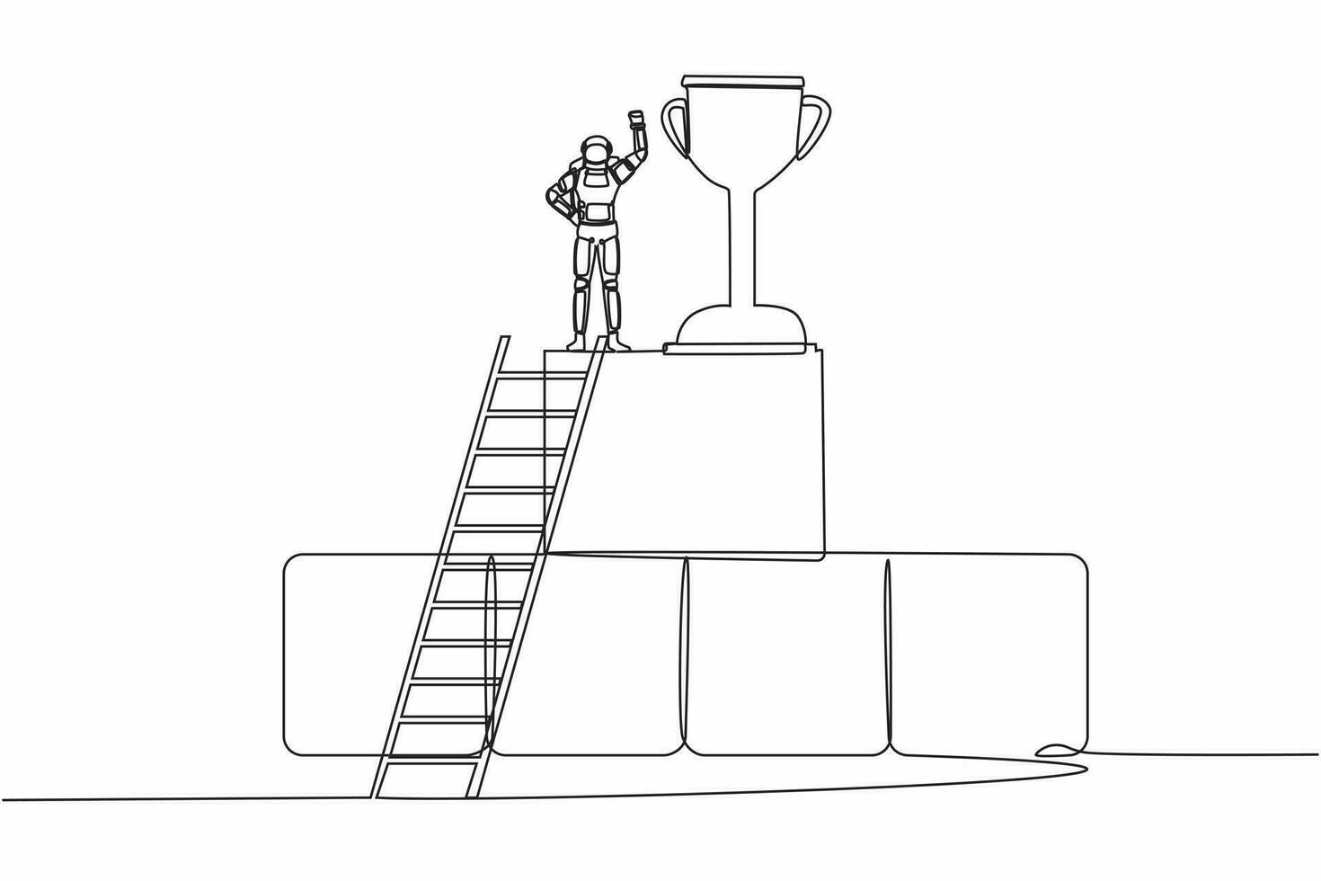 Single one line drawing astronaut climb ladder and standing with fist up gesture on big graphic bar beside huge trophy. Celebrate success space exploration. Continuous line design vector illustration