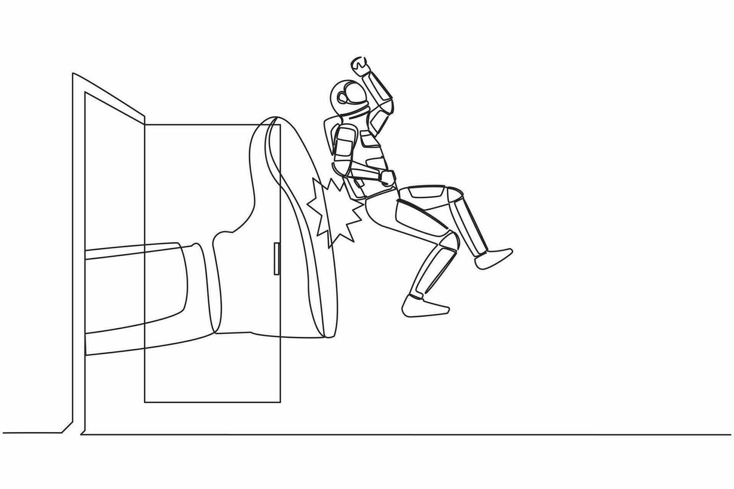 Continuous one line drawing young astronaut get kicked out of door. Dismissed from his job. Boss kicks unnecessary spaceman. Cosmonaut outer space. Single line draw graphic design vector illustration