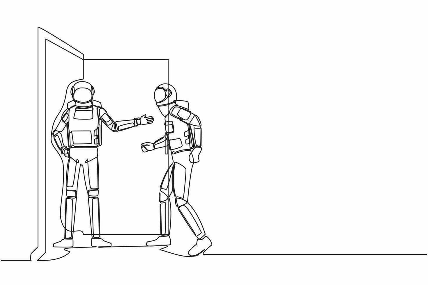 Single continuous line drawing young astronaut at the door welcomes his friend in. Spaceman inviting his friend to get into his house. Cosmonaut deep space. One line graphic design vector illustration