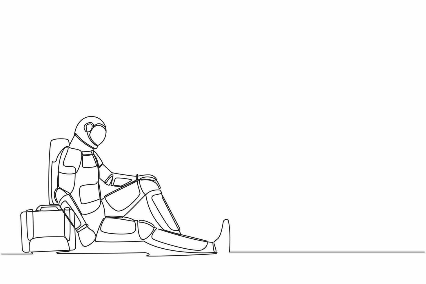 Single continuous line drawing astronaut with briefcase sitting in despair on the floor. Sad expression due to planet discovery failure. Cosmonaut deep space. One line draw design vector illustration