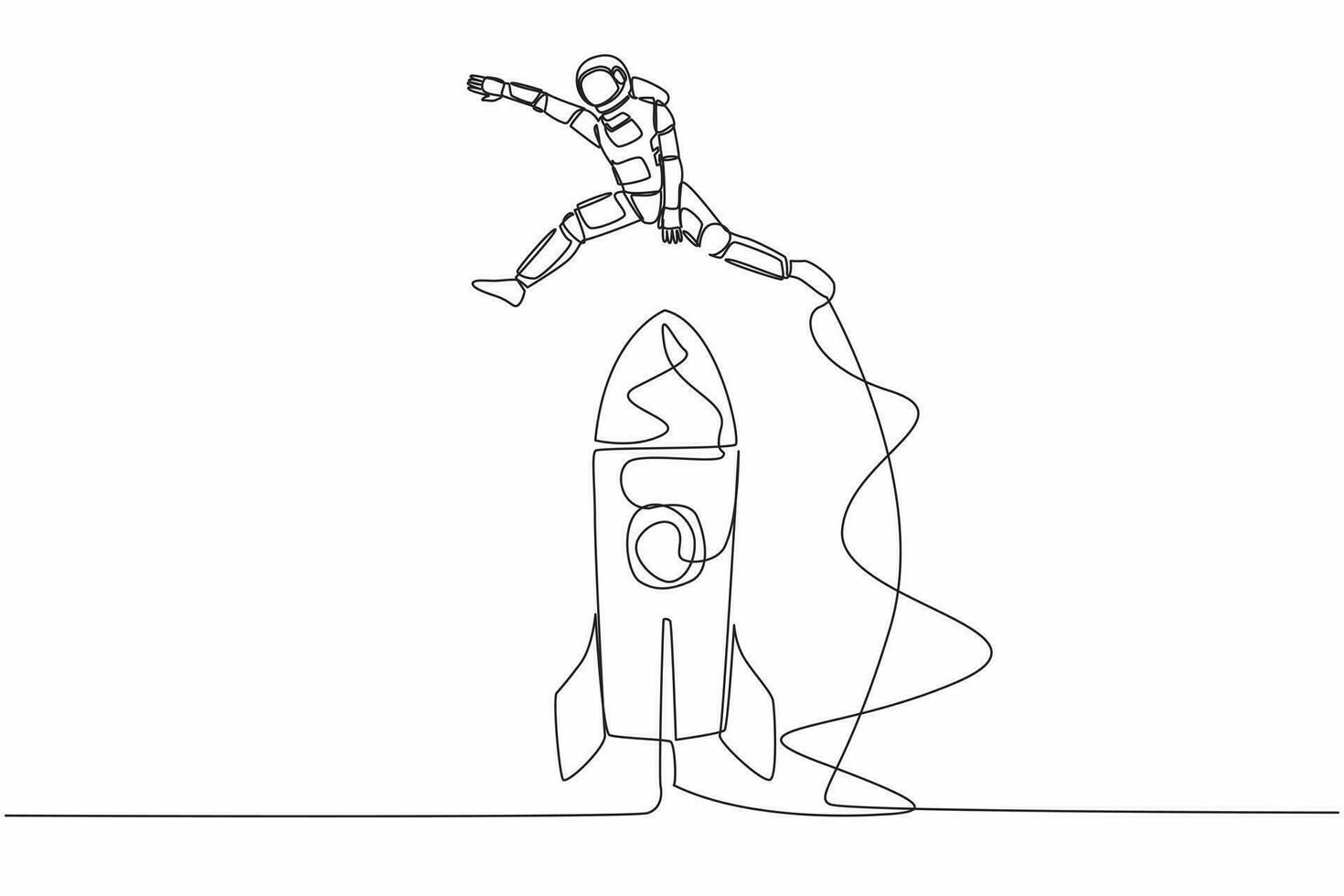 soltero continuo línea dibujo joven astronauta saltando terminado grande astronave cohete. exitoso galáctico expedición lanzamiento preparación. cosmonauta profundo espacio. uno línea gráfico diseño vector ilustración
