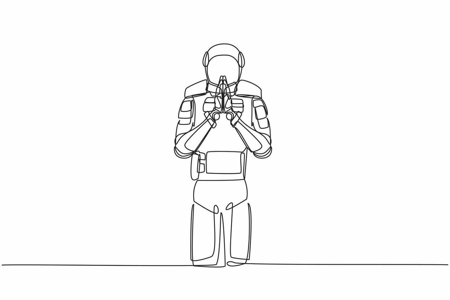 Single one line drawing young astronaut standing with holding palms in prayer. Spaceman emotion, body language gesture. Cosmic galaxy space concept. Continuous line graphic design vector illustration