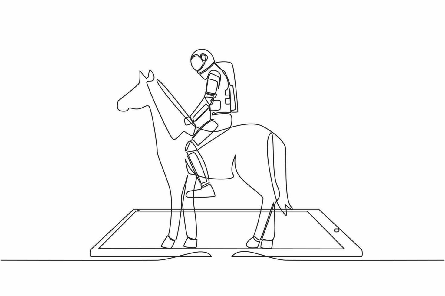 Continuous one line drawing young astronaut riding horse on smartphone screen. Racing horse with jockey. Equestrian online sport. Cosmonaut outer space. Single line graphic design vector illustration
