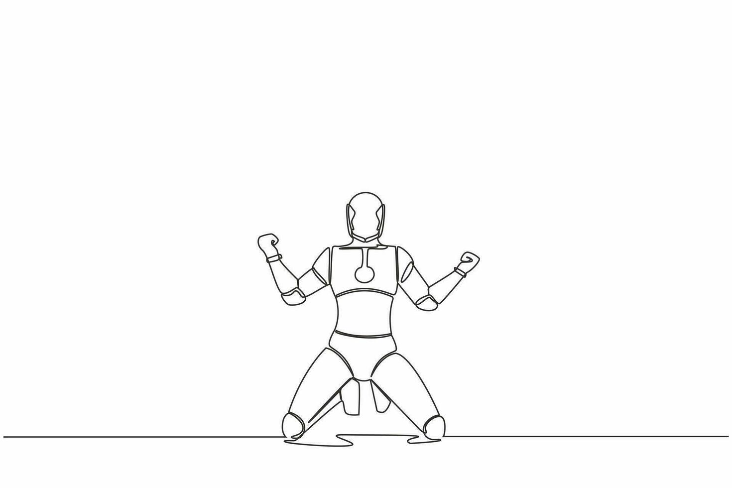 Continuous one line drawing of happy robot kneeling with both hands yes gesture, celebrating success. Humanoid cybernetic organism. Future robotic. Single line draw graphic design vector illustration