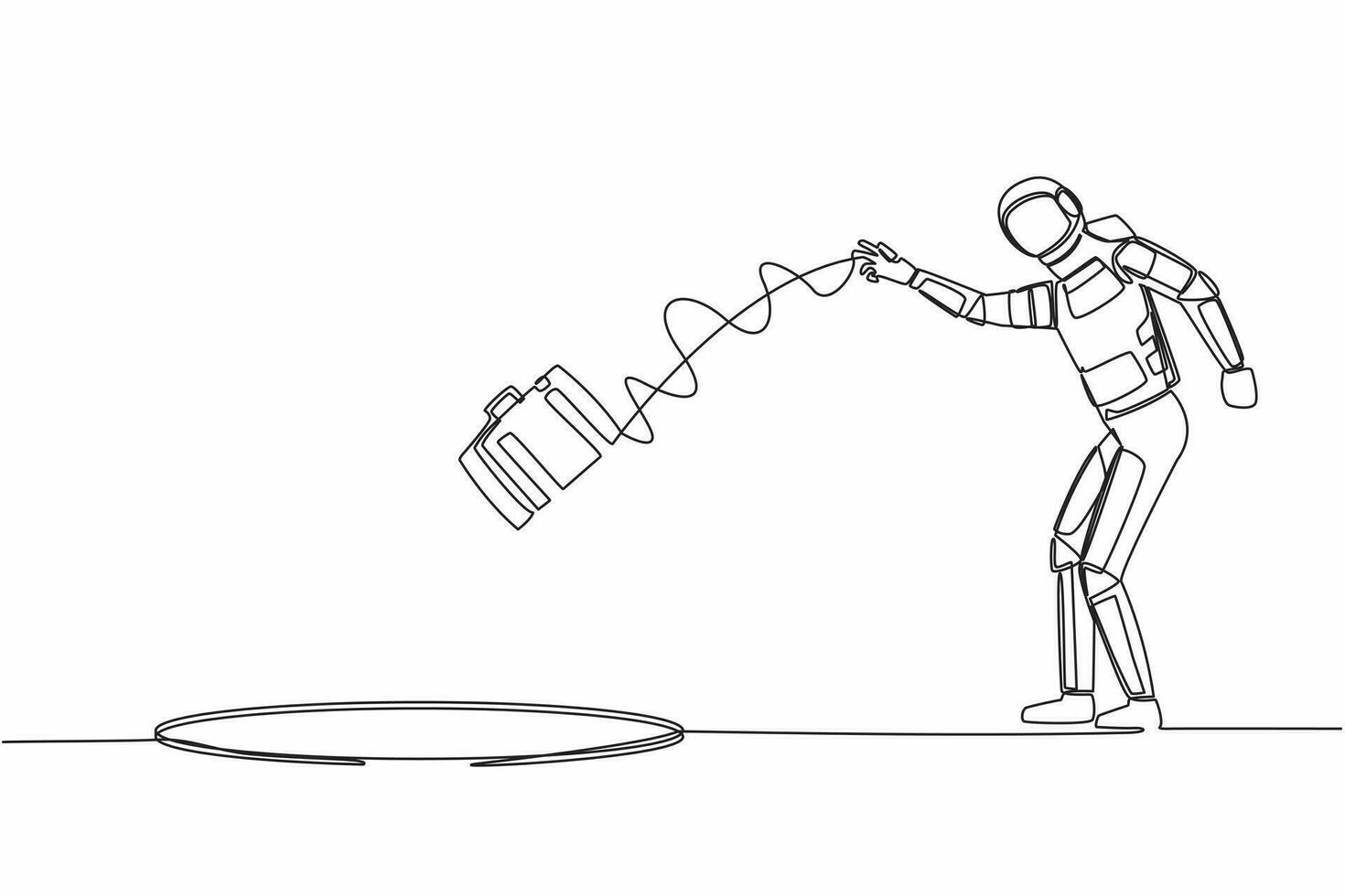 Single one line drawing young astronaut throws briefcase into hole. Failure to take advantage of space business opportunities. Cosmic galaxy space. Continuous line graphic design vector illustration