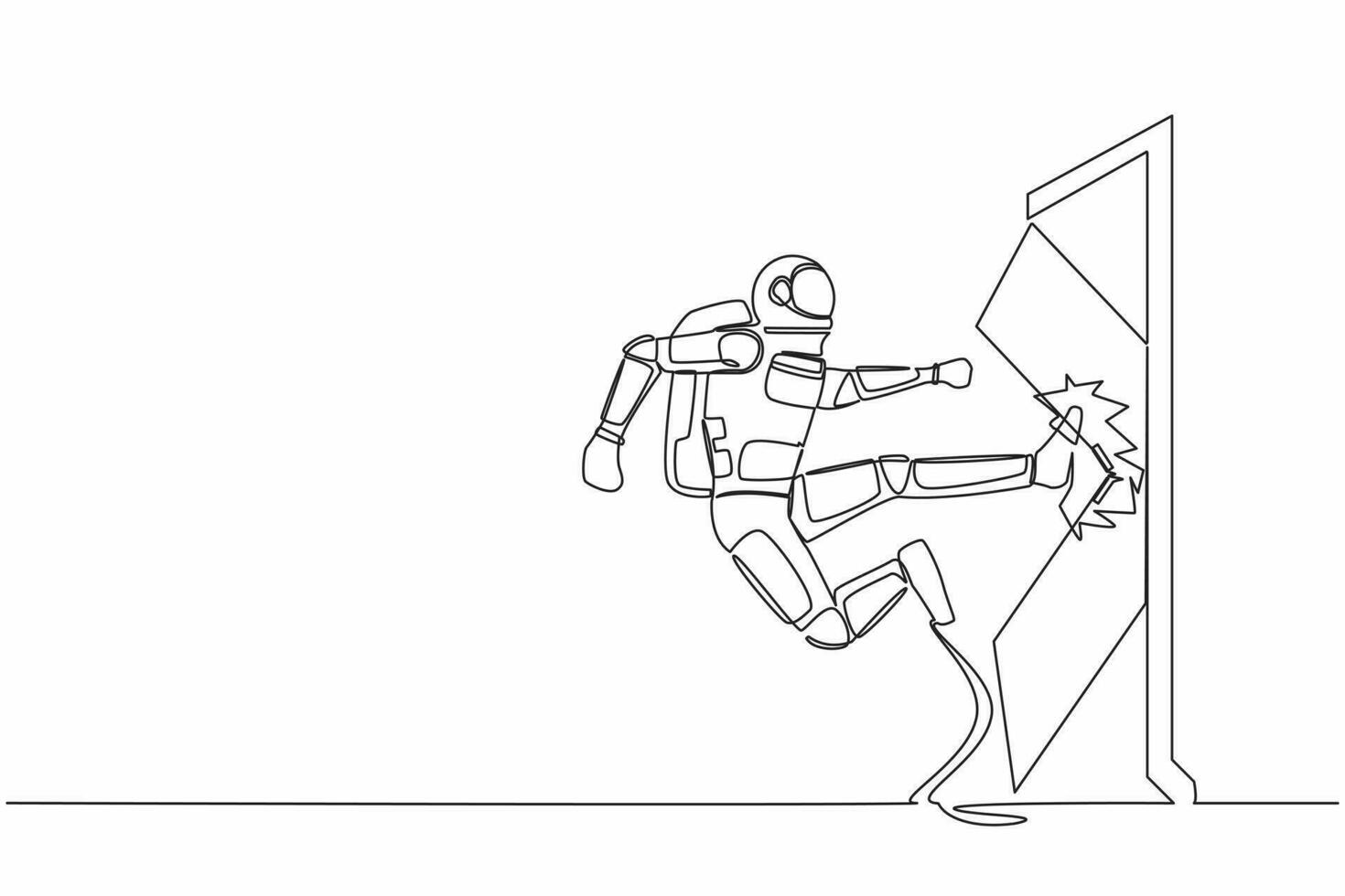 Single continuous line drawing of young astronaut kicks the door with flying kick until door shattered. Spaceman kicking locked door. Cosmonaut deep space. One line graphic design vector illustration