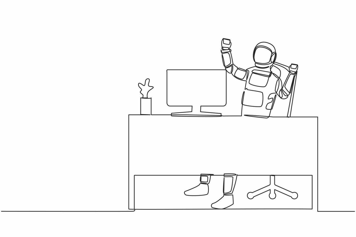 Continuous one line drawing happy astronaut sitting on workplace with raised hands. Mission accomplished in galactic exploration. Cosmonaut outer space. Single line graphic design vector illustration