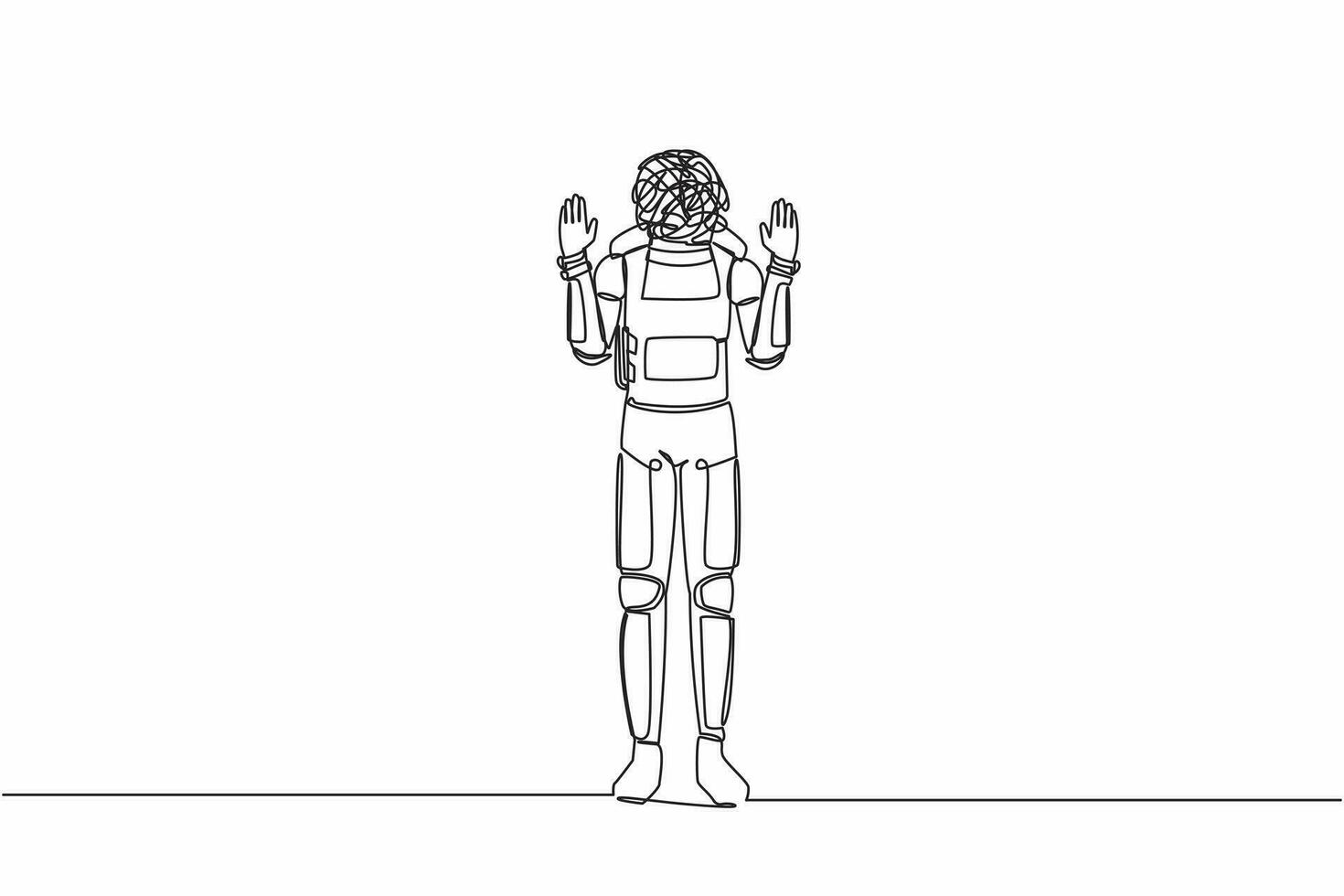 Continuous one line drawing of astronaut with round scribble instead of head, shocked, afraid, scared, terrified, fear expression. Cosmonaut outer space. Single line graphic design vector illustration
