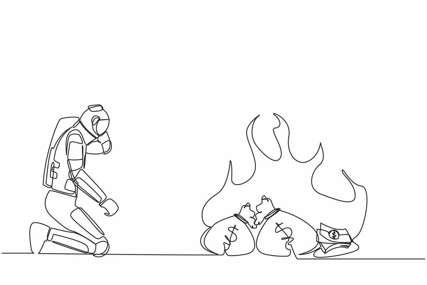 Continuous one line drawing astronaut kneeling and watching money bag burning up. Global financial crisis impacted space industry. Cosmonaut outer space. Single line graphic design vector illustration