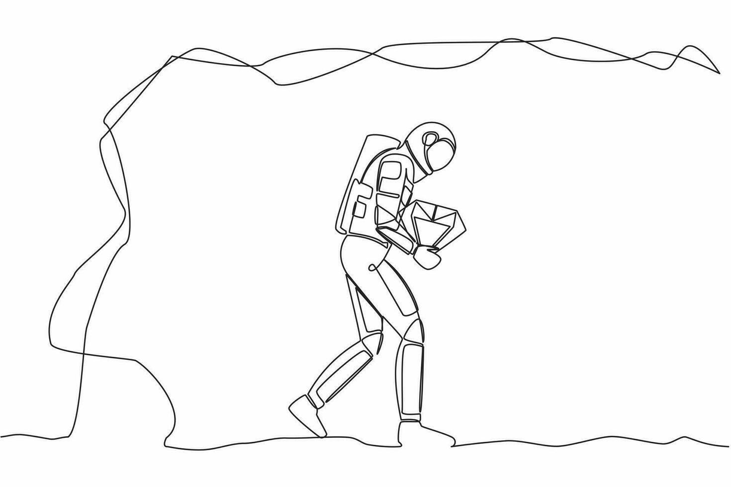 Continuous one line drawing young astronaut carrying big diamond from moon underground. Success in galactic spaceship exploration. Cosmonaut outer space. Single line graphic design vector illustration