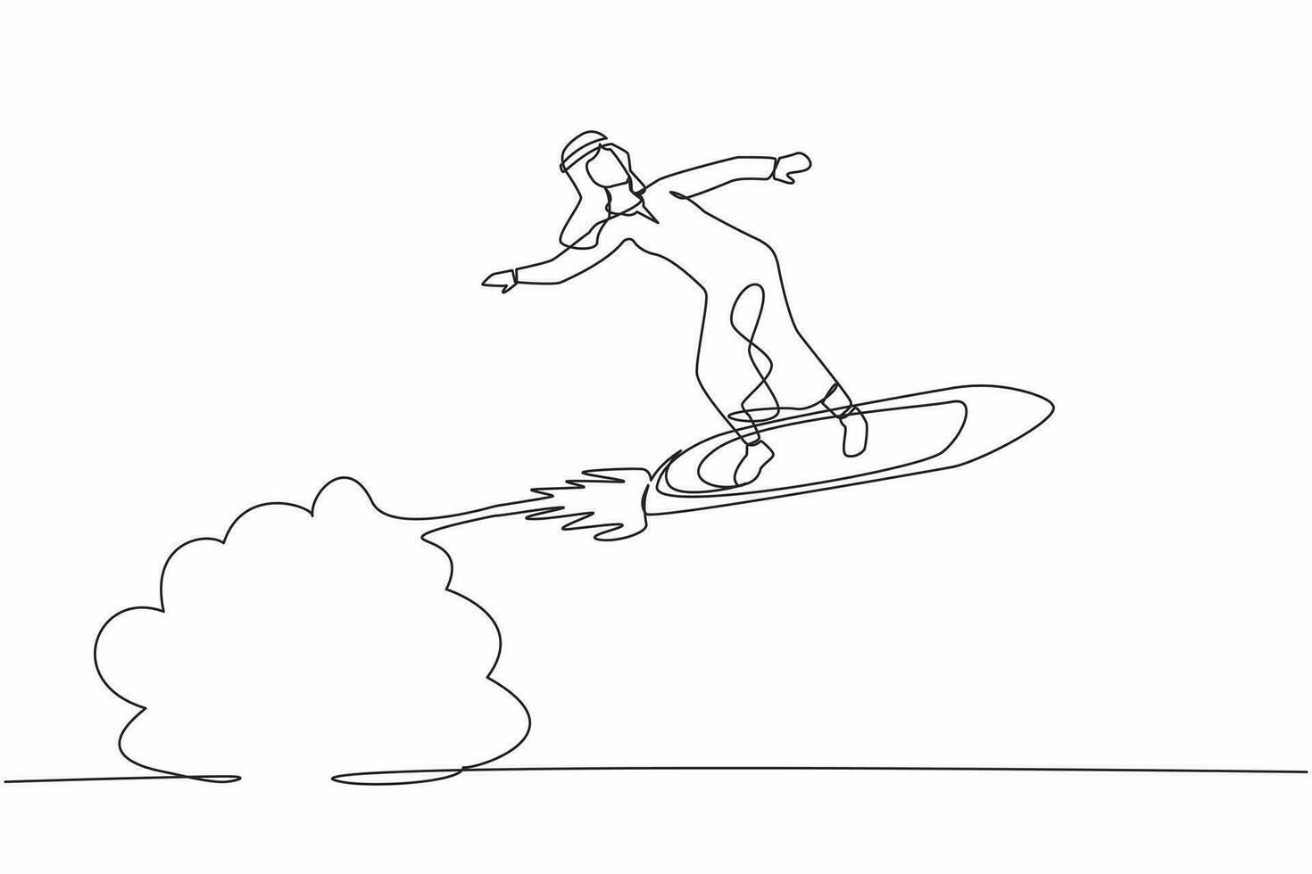 Single one line drawing Arabian businessman riding surfing board rocket flying in the sky. Successful trader on peak of profitability. Business success. Continuous line draw design vector illustration