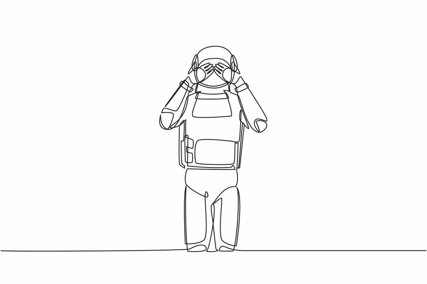 Single one line drawing astronaut standing with covering his eyes with hands because of disgust and reluctance to see something. Cosmic galaxy space. Continuous line graphic design vector illustration