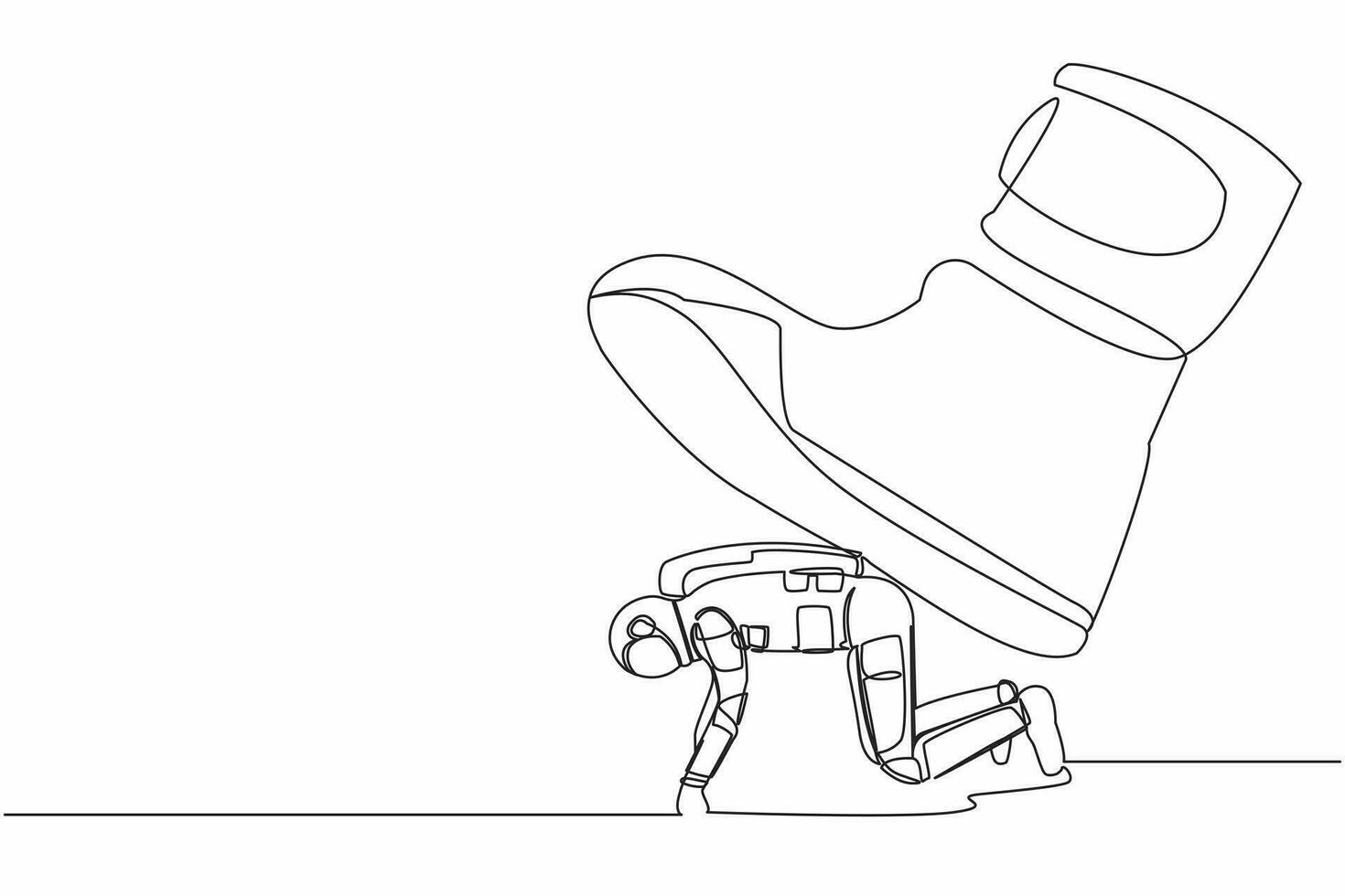 Single continuous line drawing of young astronaut crawling under giant foot trample. Spaceman oppressed by the boss with under big shoe. Cosmonaut deep space. One line draw design vector illustration