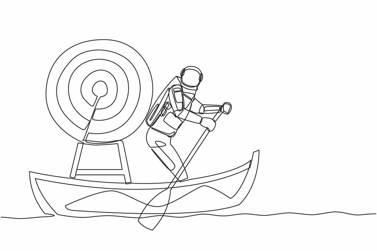 Continuous one line drawing astronaut sailing away on boat with dartboard target. Achieve tech mission to win competition in moon surface. Cosmonaut outer space. Single line design vector illustration