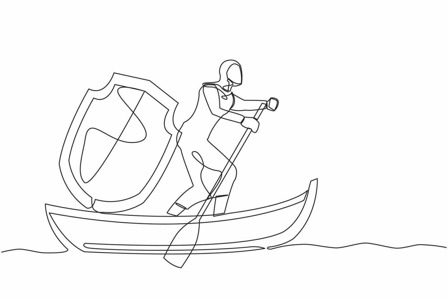 Single one line drawing Arab businesswoman standing in boat and sailing with shield. Business protection security and insurance. Preparation and precaution. Continuous line design vector illustration