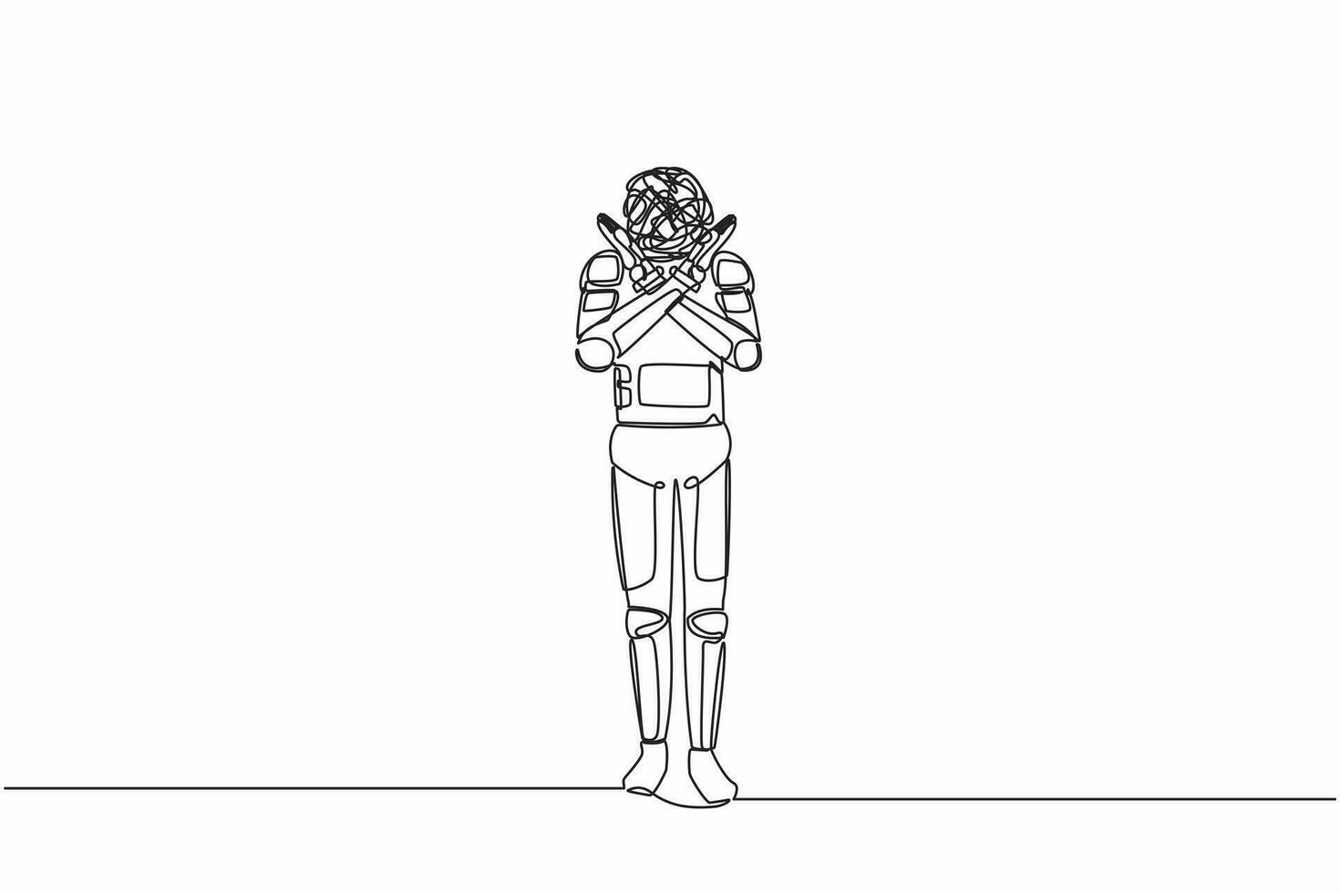 Continuous one line drawing young astronaut with round scribbles instead of ahead, making x symbol, crossing hands, rejection, displeased. Cosmonaut outer space. Single line design vector illustration