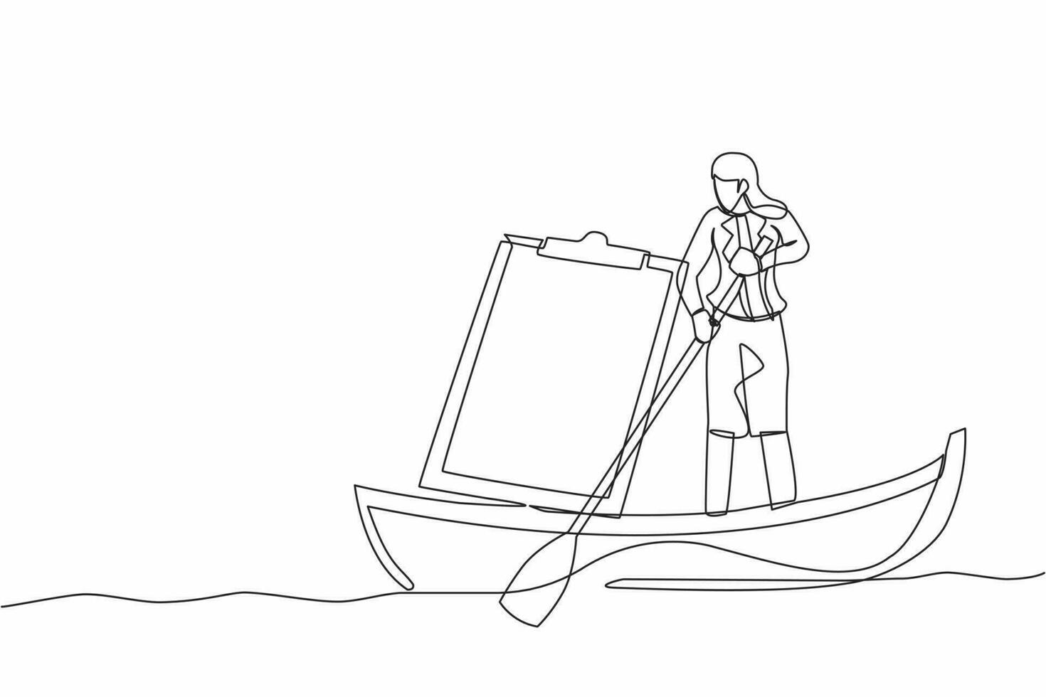 Single one line drawing businesswoman sailing away on boat with clipboard. Delivery worker with checklist and ship. Shipping documents. Modern continuous line draw design graphic vector illustration