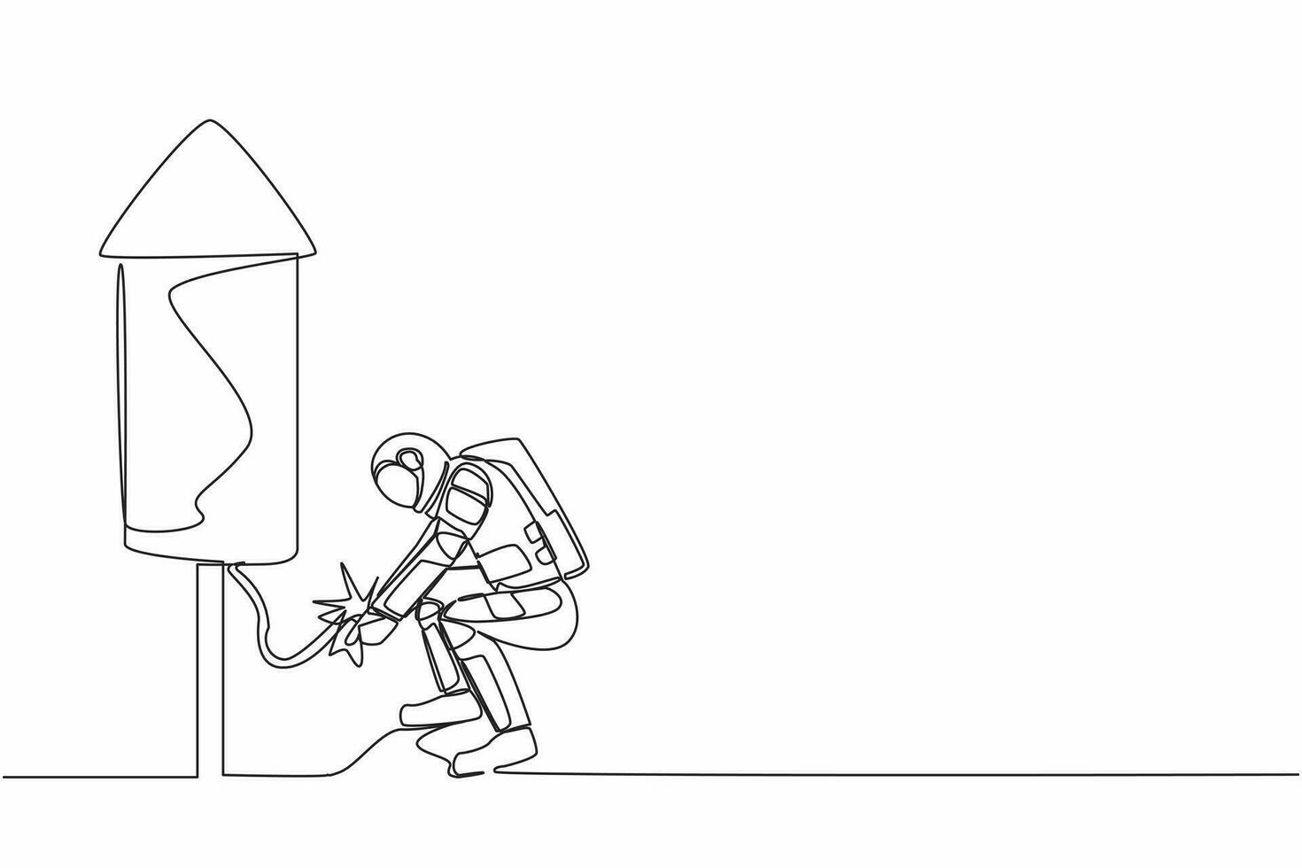 Single one line drawing young astronaut launching firework rocket. Grow spaceship business, boost space investment profit earning. Cosmic galaxy space. Continuous line draw design vector illustration