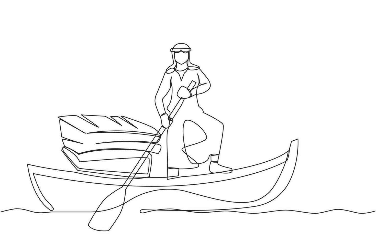 Single continuous line drawing Arab businessman sailing away on boat with stack of papers. Busy office worker manage documents, paperwork. Overworked concept. One line draw design vector illustration