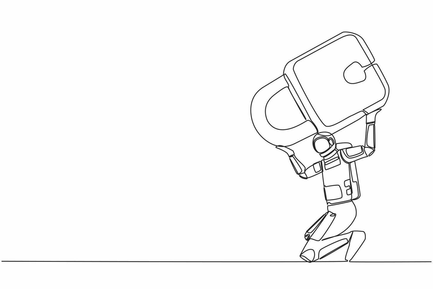Single continuous line drawing astronaut carrying heavy padlock on his back. Space industry bankruptcy due to Covid-19 pandemic. Cosmonaut deep space. One line draw design vector graphic illustration