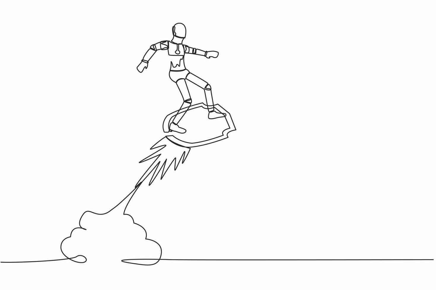 Continuous one line drawing of robot riding shield rocket flying in the sky. Tech business protection security. Humanoid robot cybernetic organism. Single line draw design vector graphic illustration