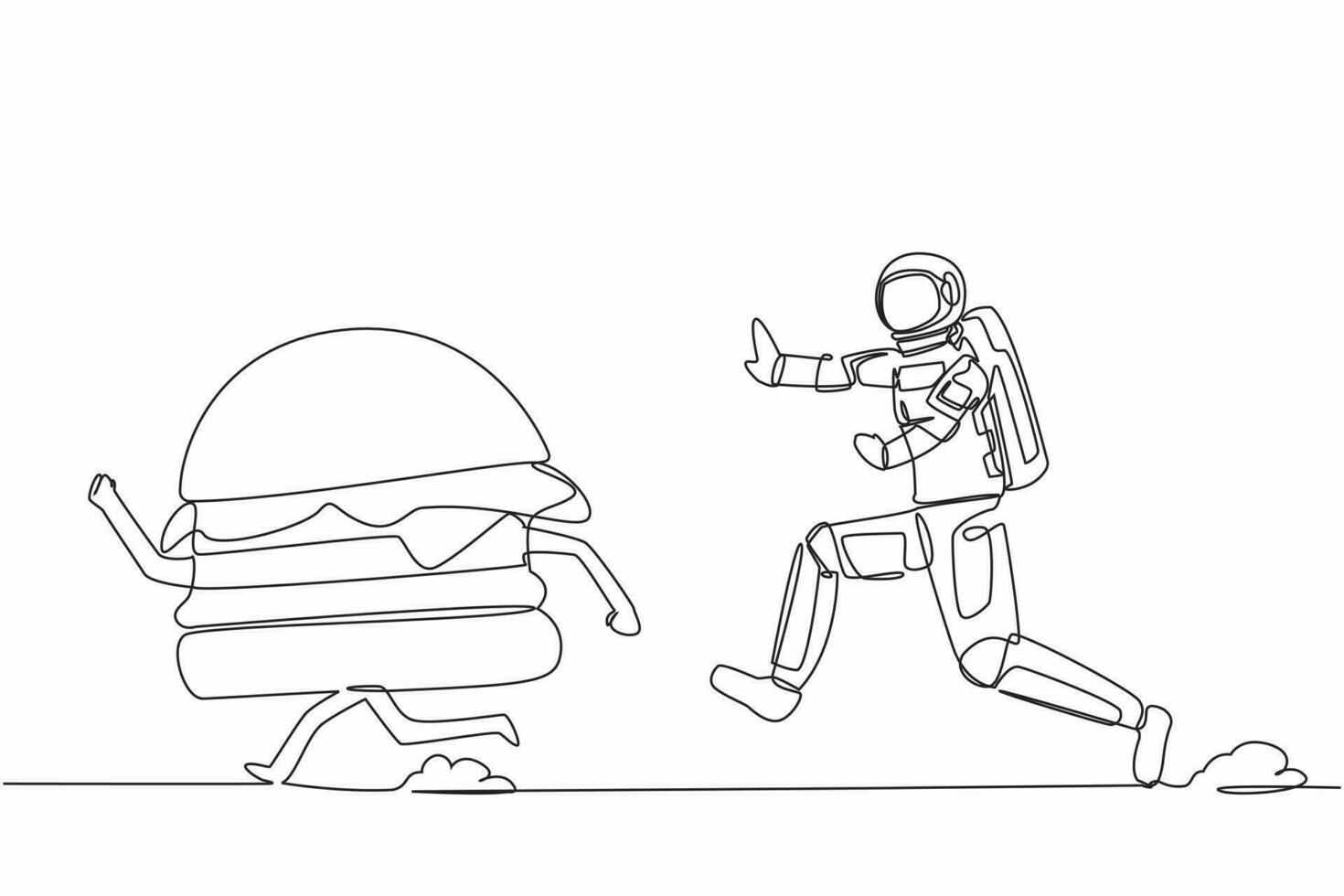 Single continuous line drawing of young astronaut run chasing hamburger in moon surface. Food estate industry in outer space. Cosmonaut deep space concept. One line design vector graphic illustration