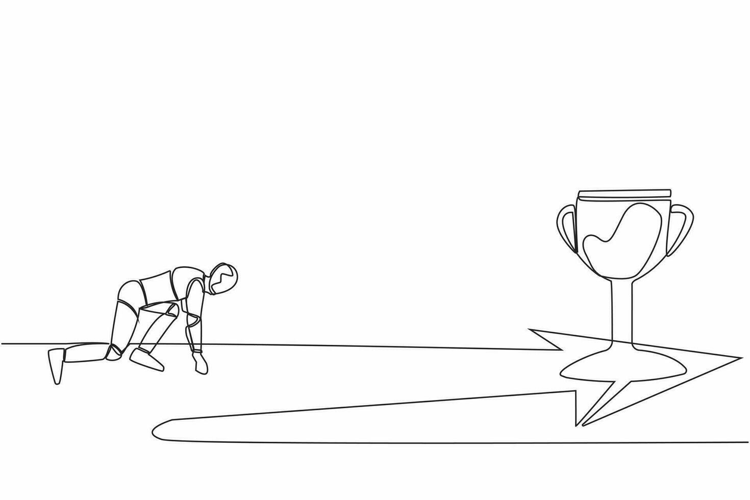 Single one line drawing side view robot ready to run to trophy. Vision mission tech business. Artificial intelligence machine learning process. Continuous line draw graphic design vector illustration