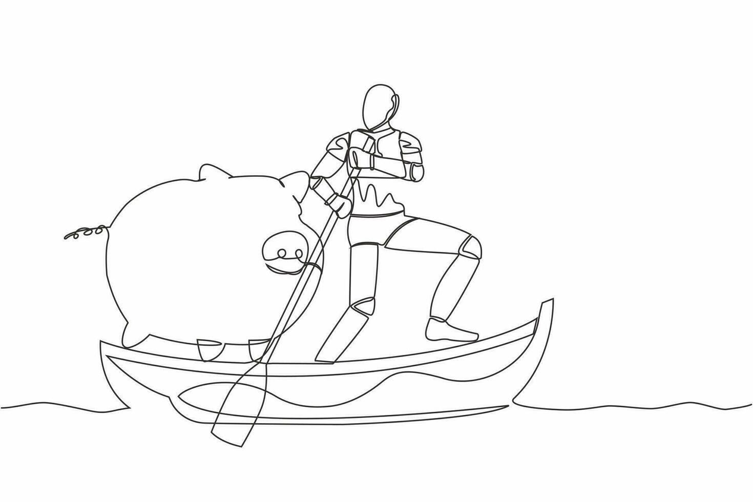 Continuous one line drawing robot sailing away on boat with piggy bank. Economy purposes saving money in tech company. Humanoid robot cybernetic organism. Single line draw design vector illustration