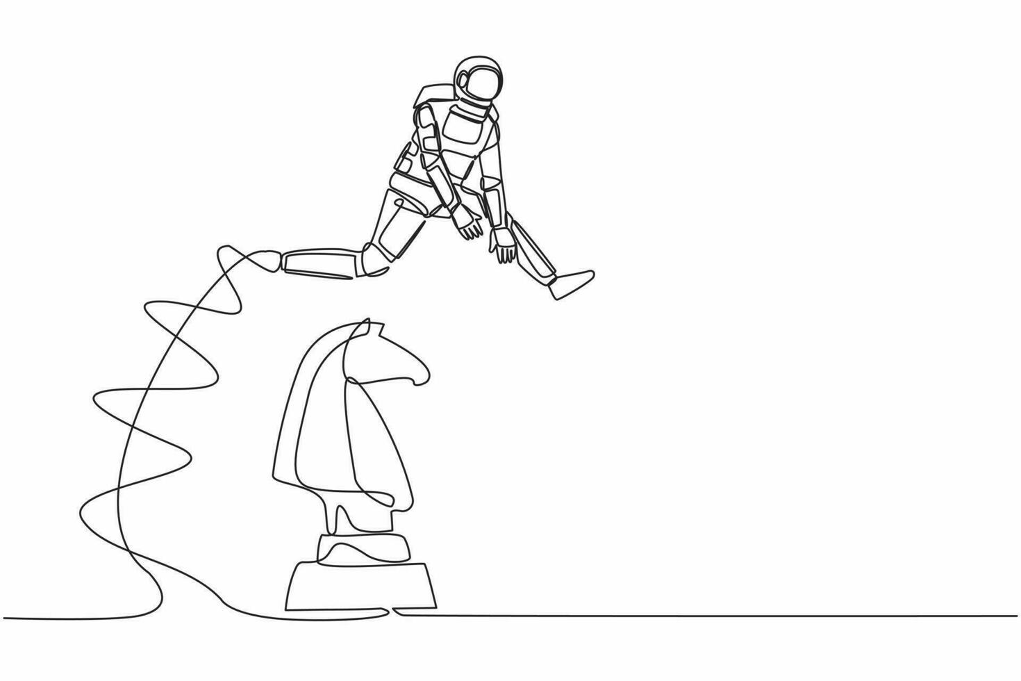 Single one line drawing astronaut jumping over chess horse knight. Brain intelligence for spaceship project. Tactical movement. Cosmic galaxy space. Continuous line graphic design vector illustration