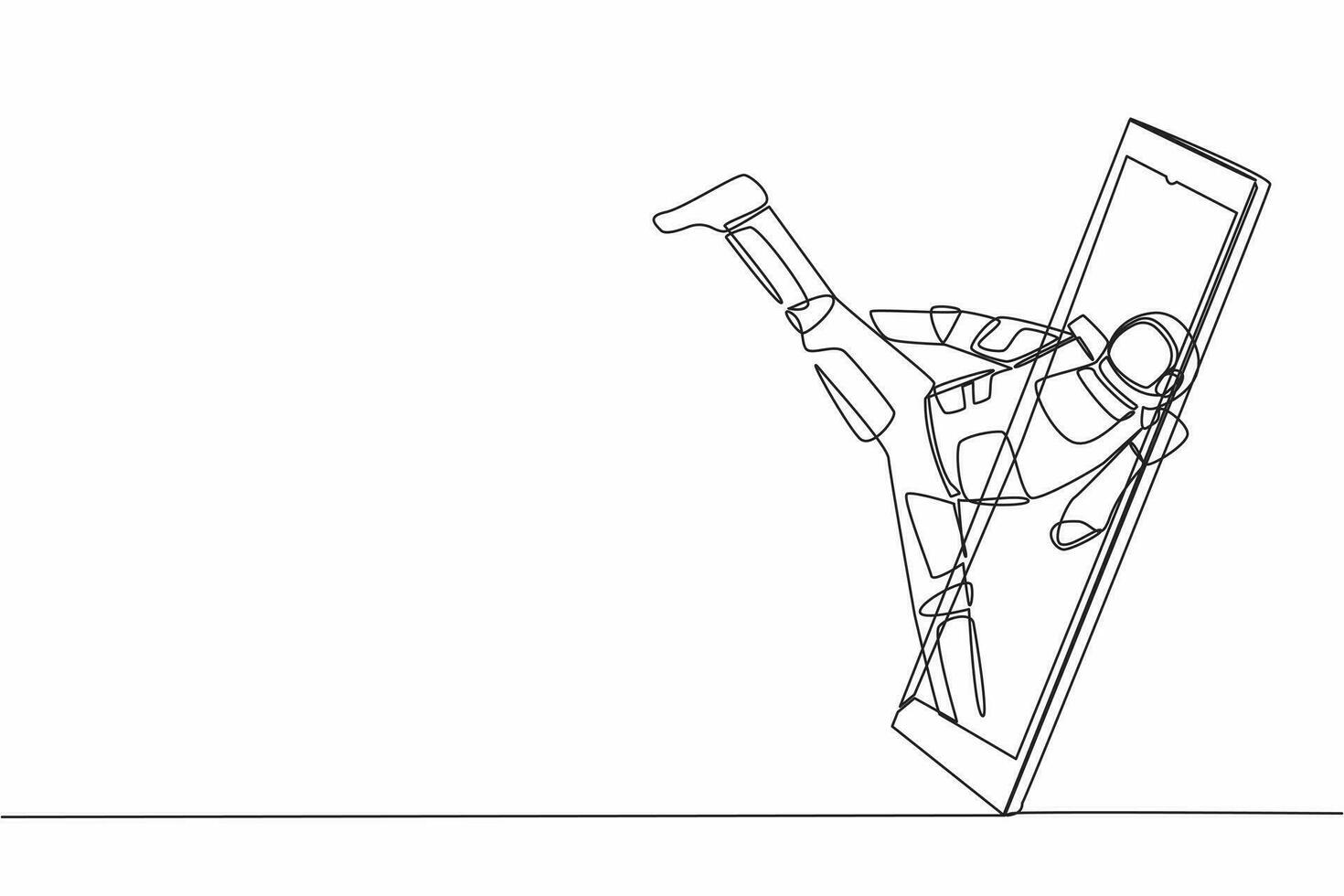 Single one line drawing of taekwondo astronaut in spacesuit doing kick pose getting out of smartphone screen. Online app taekwondo game. Cosmic galaxy space. Continuous line design vector illustration