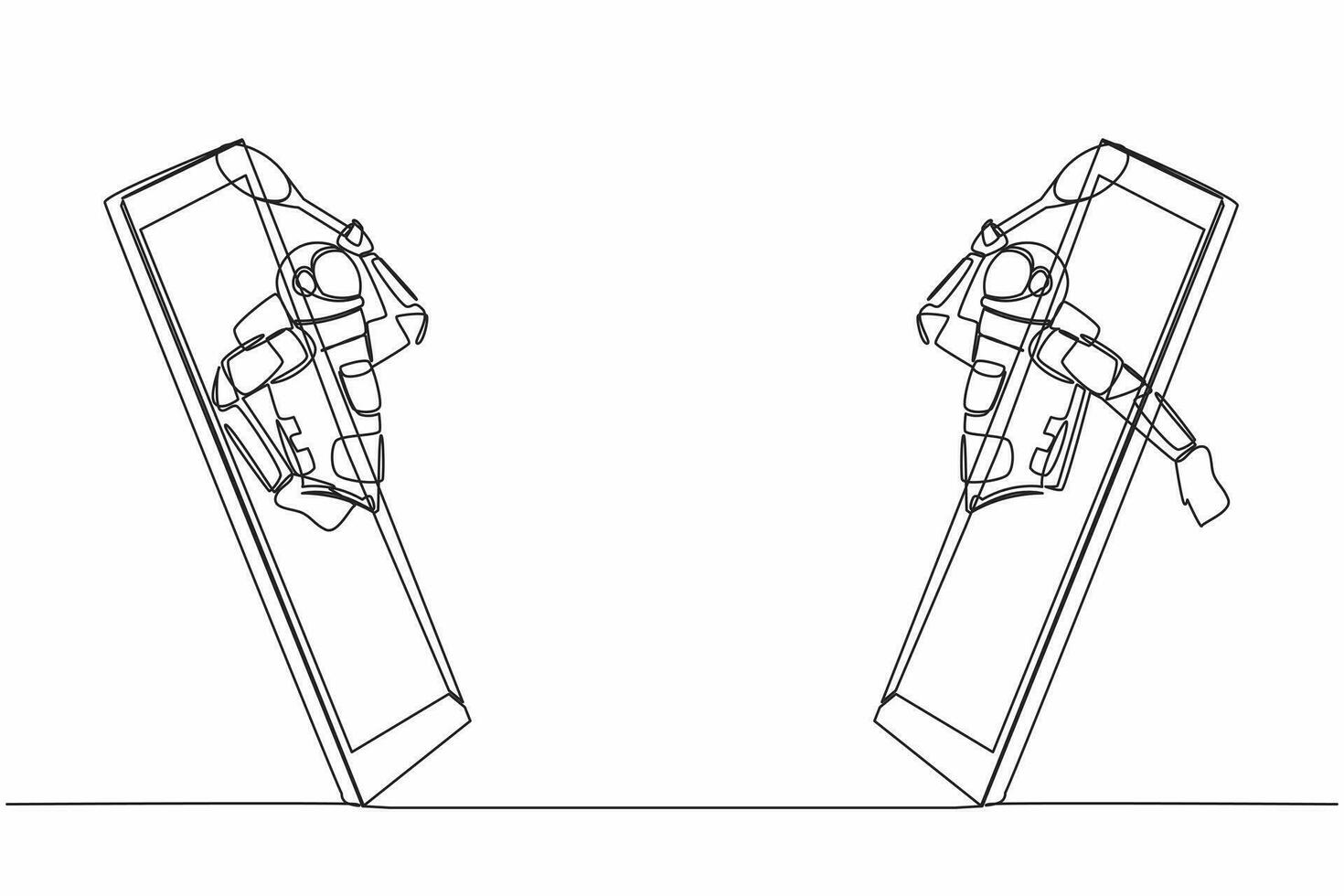 Single one line drawing of two young astronaut tennis players comes out from cellular phone ready to play in moon surface. Cosmic galaxy space. Continuous line draw graphic design vector illustration