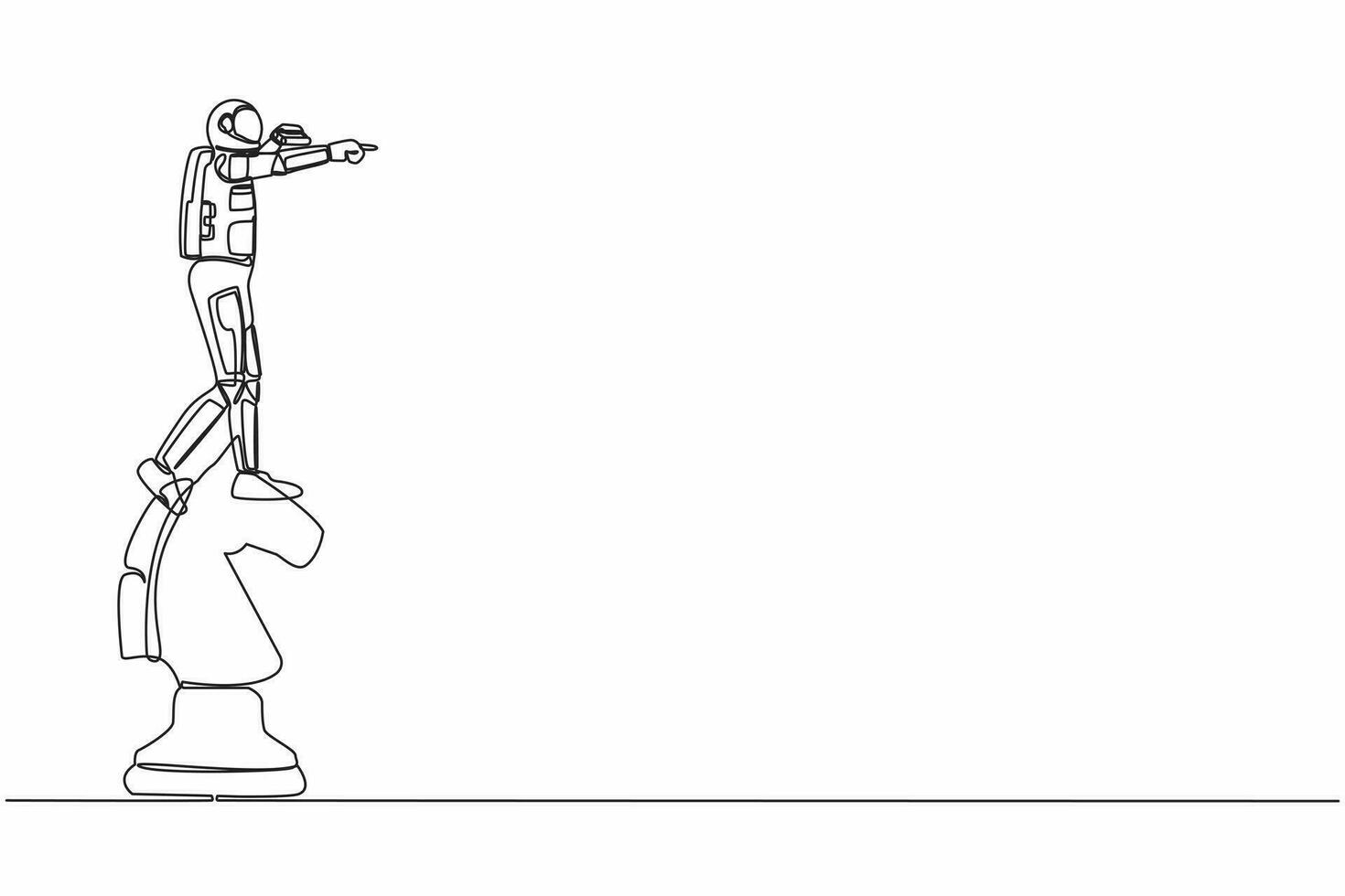 soltero continuo línea dibujo joven astronauta en parte superior grande caballo ajedrez pedazo utilizando binocular. mirando para nuevo expedición. cosmonauta profundo espacio concepto. uno línea dibujar gráfico diseño vector ilustración