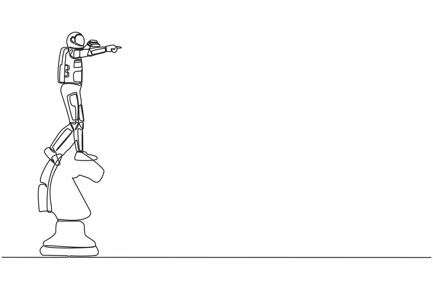 Single continuous line drawing young astronaut on top big horse chess piece using binocular. Looking for new expedition. Cosmonaut deep space concept. One line draw graphic design vector illustration