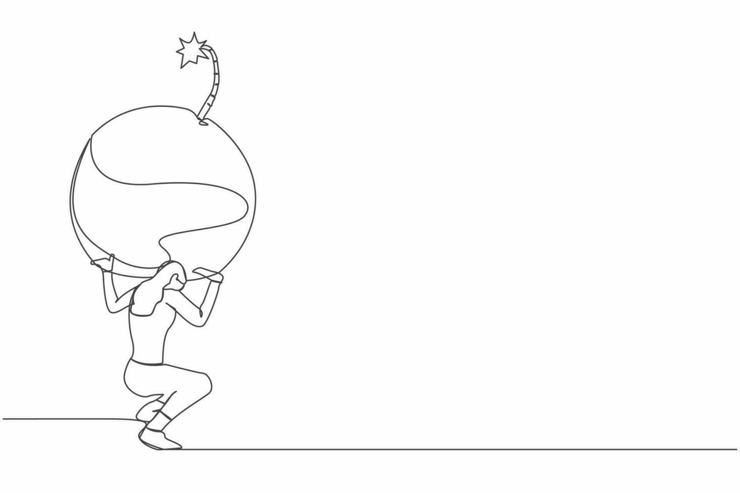 Continuous one line drawing frustrated businesswoman carrying bomb on her back. Stressed office employee due to debt explosion. Financial crisis problem. Single line design vector graphic illustration