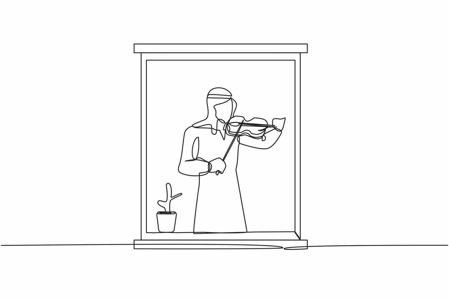 Single one line drawing Arabian man musician standing near window and playing violin in cozy room at home. People staying at home in self quarantine. Continuous line graphic design vector illustration