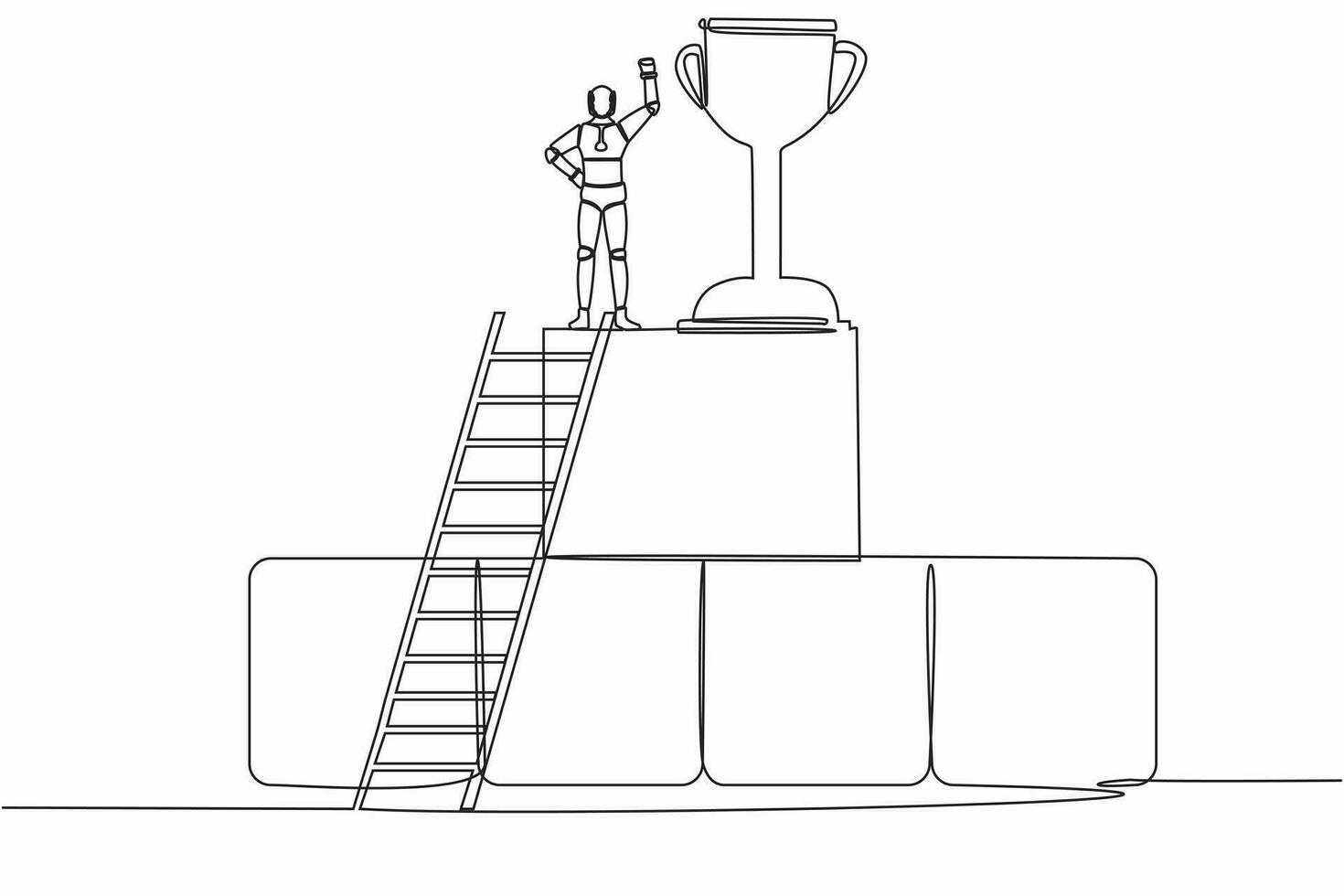 Single one line drawing robot climb ladder and standing with fist up gesture on big graphic bar beside huge trophy. Artificial intelligence process. Continuous line graphic design vector illustration